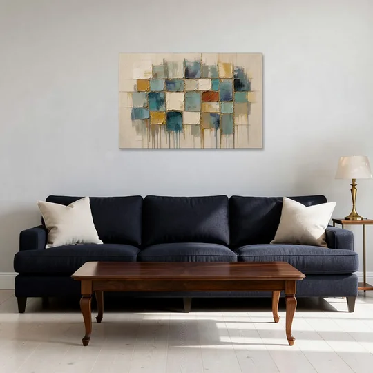 Teal and Cream Tile Grid with Gold Seams - Canvas Wall Art - Sofa - 36x24