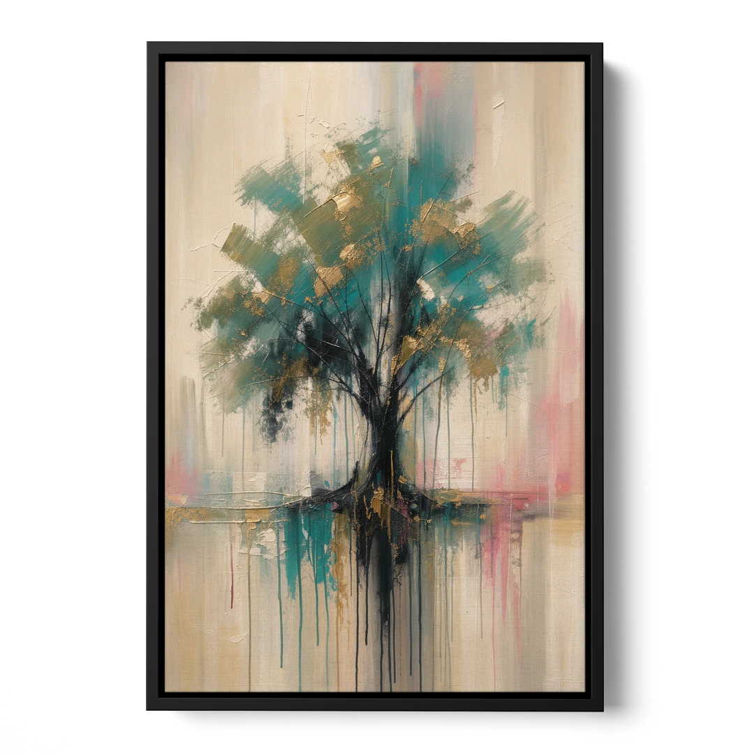 Teal and Gold Tree With Dripping Roots - Black Framed Canvas Wall Art - Front