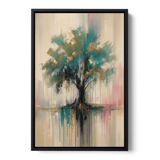 Teal and Gold Tree With Dripping Roots - Black Framed Canvas Wall Art - Front