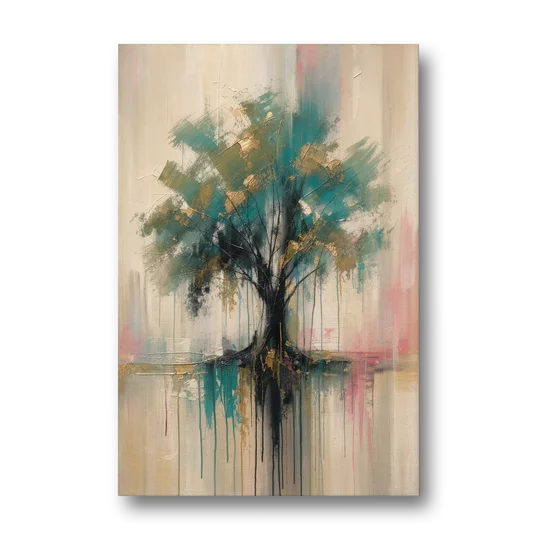 Teal and Gold Tree With Dripping Roots - Canvas Wall Art - Front
