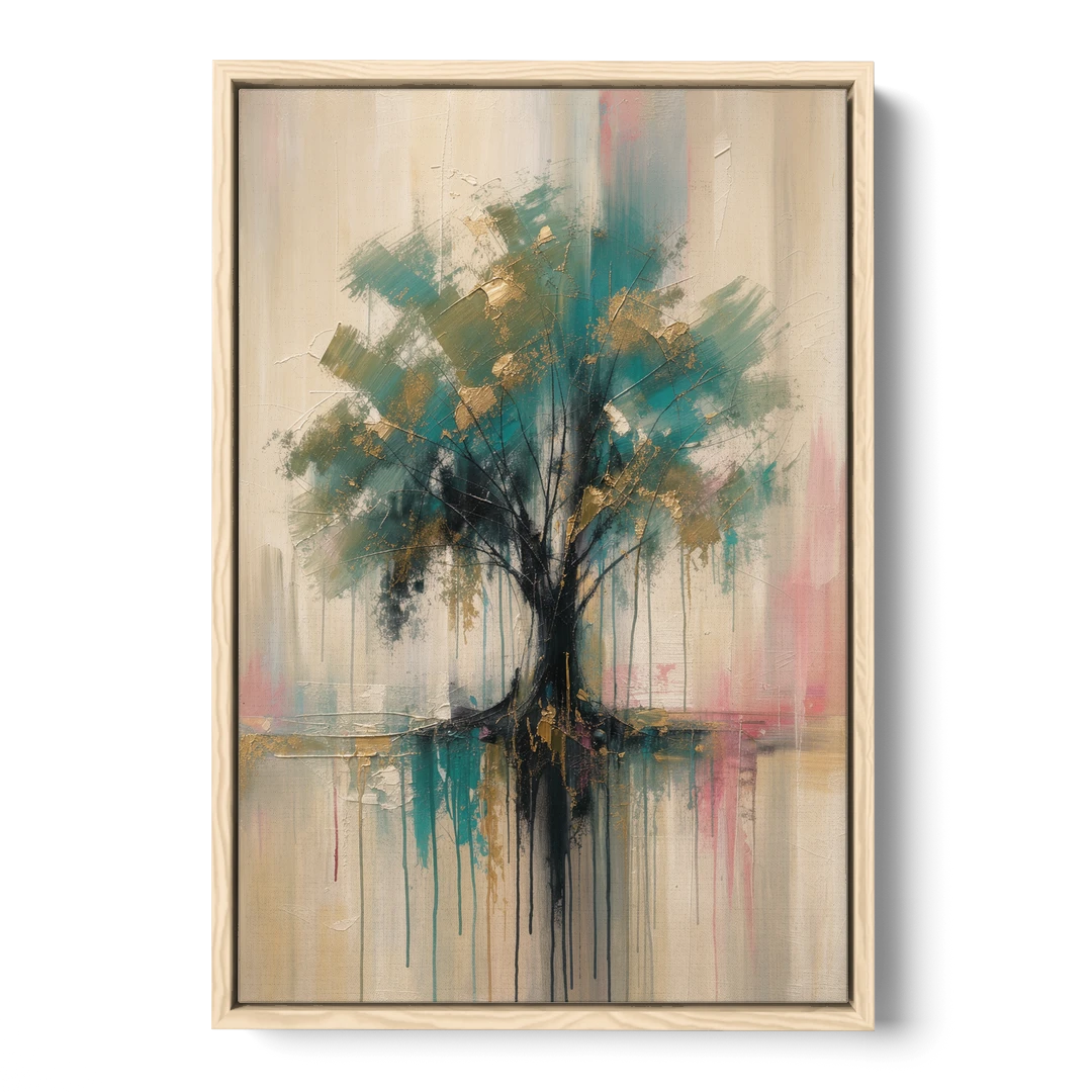 Teal and Gold Tree With Dripping Roots - Oak Framed Canvas Wall Art - Front