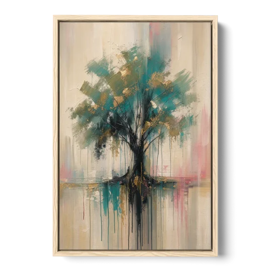 Teal and Gold Tree With Dripping Roots - Oak Framed Canvas Wall Art - Front