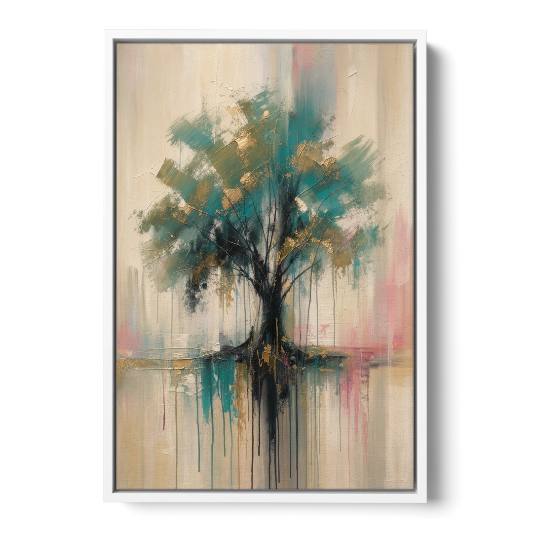 Teal and Gold Tree With Dripping Roots - White Framed Canvas Wall Art - Front