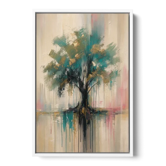 Teal and Gold Tree With Dripping Roots - White Framed Canvas Wall Art - Front