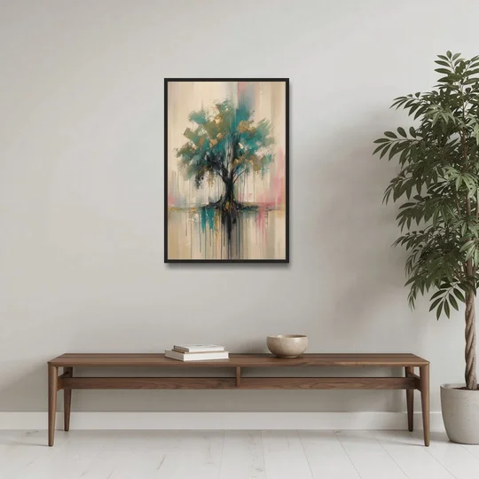 Teal and Gold Tree With Dripping Roots - Black Framed Canvas Wall Art - Coffee Table - 24x36