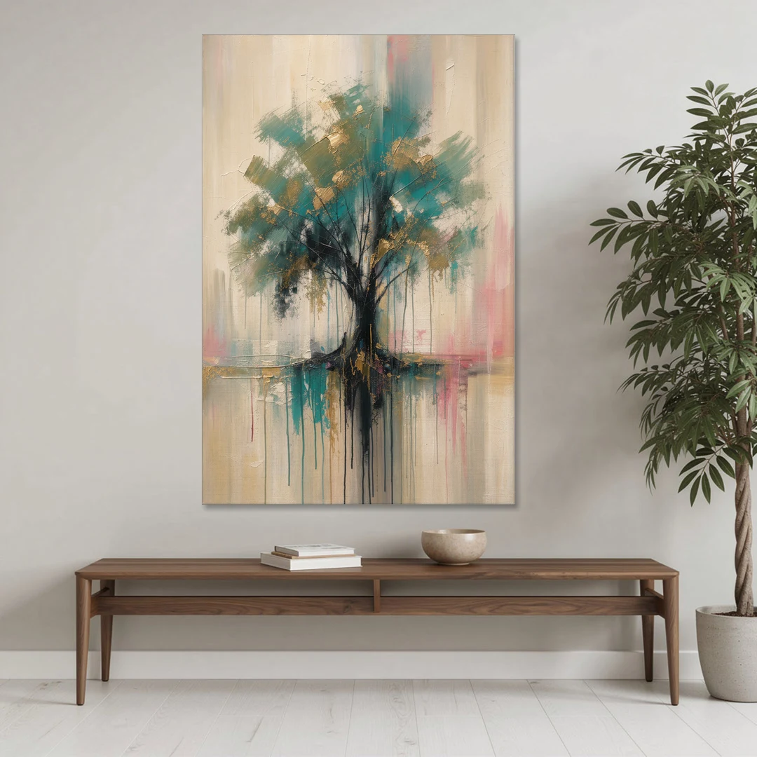 Teal and Gold Tree With Dripping Roots - Canvas Wall Art - Coffee Table - 40x60