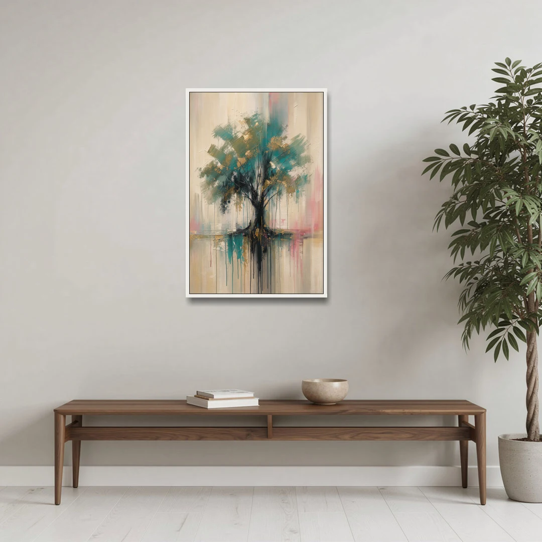 Teal and Gold Tree With Dripping Roots - White Framed Canvas Wall Art - Coffee Table - 24x36