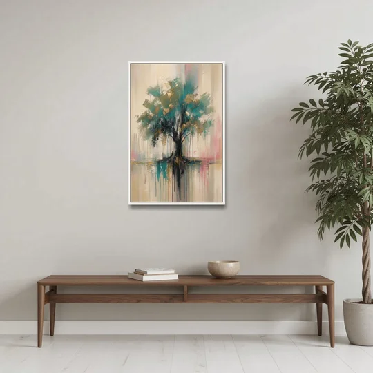 Teal and Gold Tree With Dripping Roots - White Framed Canvas Wall Art - Coffee Table - 24x36