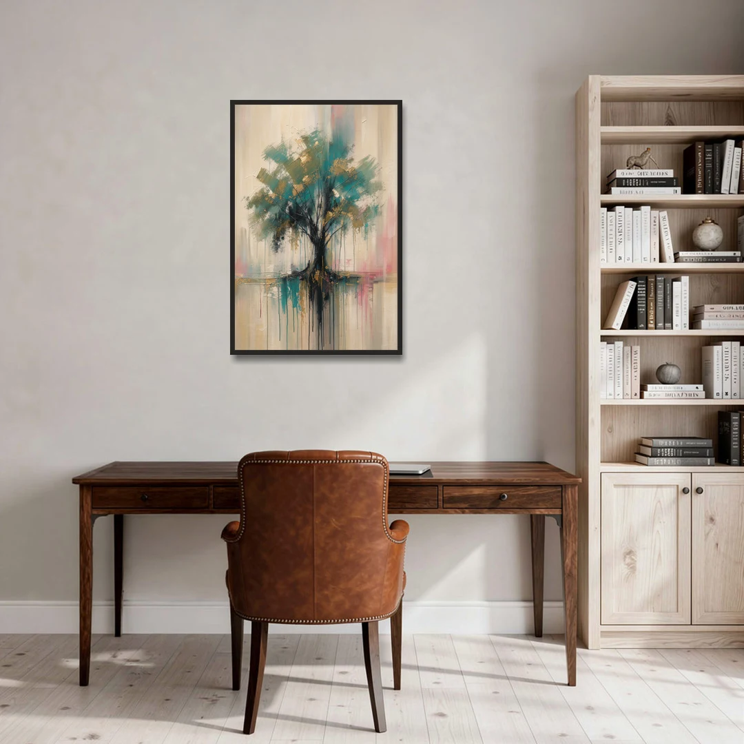 Teal and Gold Tree With Dripping Roots - Black Framed Canvas Wall Art - Office - 24x36