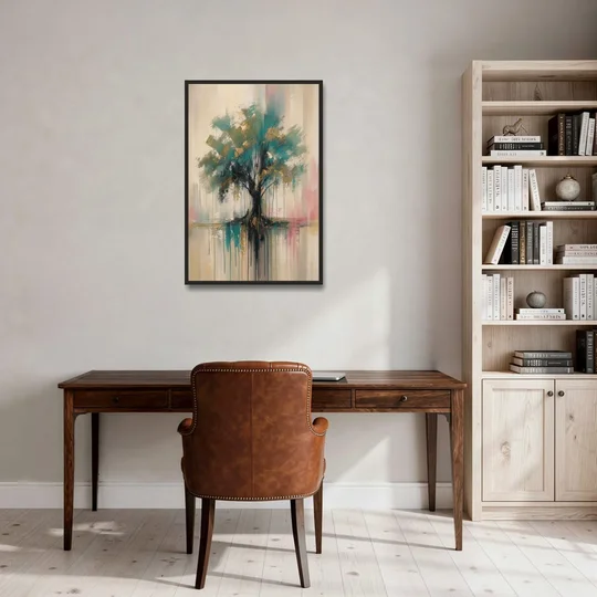 Teal and Gold Tree With Dripping Roots - Black Framed Canvas Wall Art - Office - 24x36