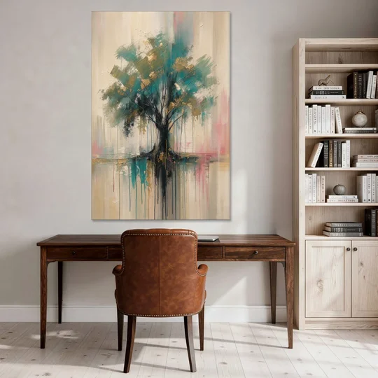 Teal and Gold Tree With Dripping Roots - Canvas Wall Art - Office - 40x60
