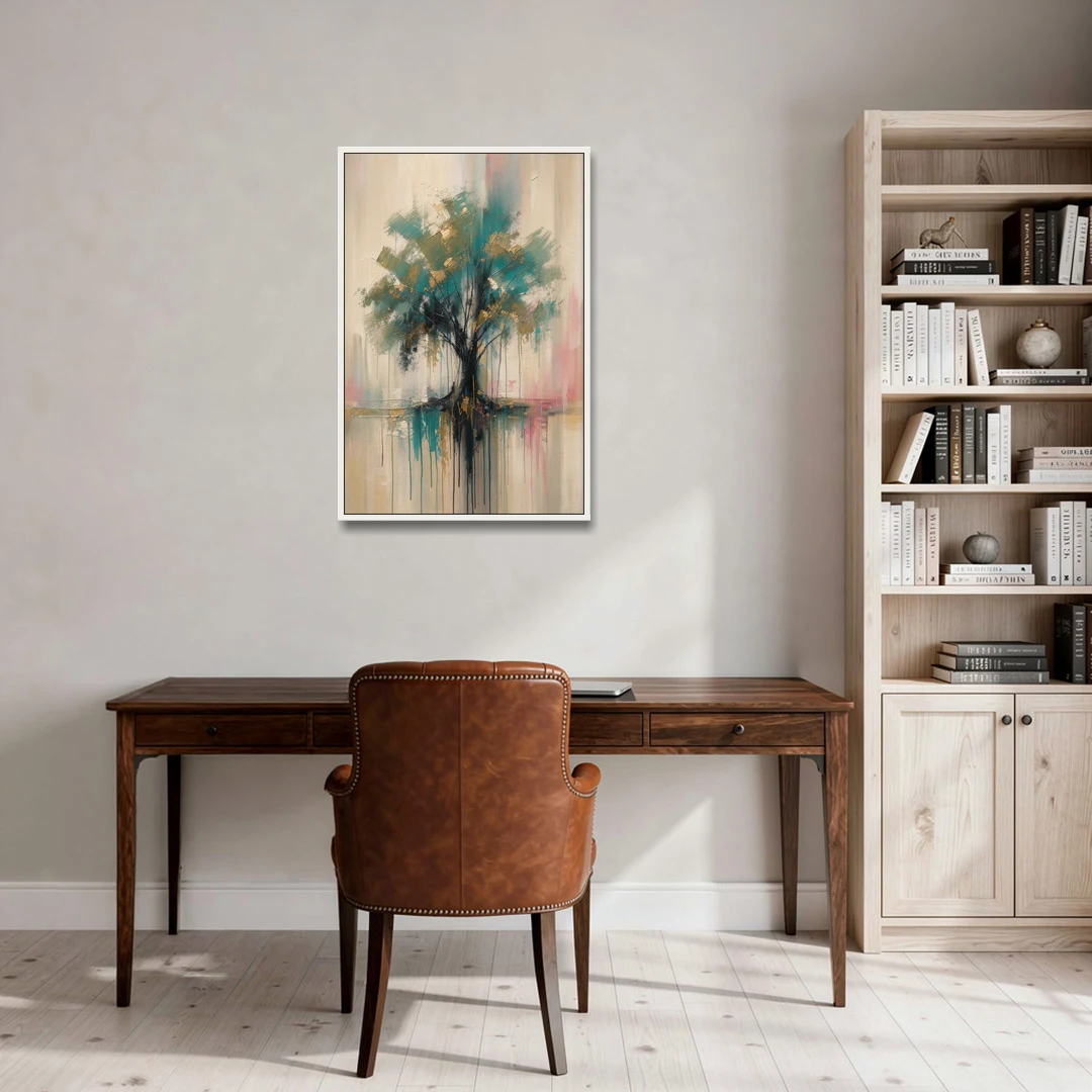 Teal and Gold Tree With Dripping Roots - White Framed Canvas Wall Art - Office - 24x36