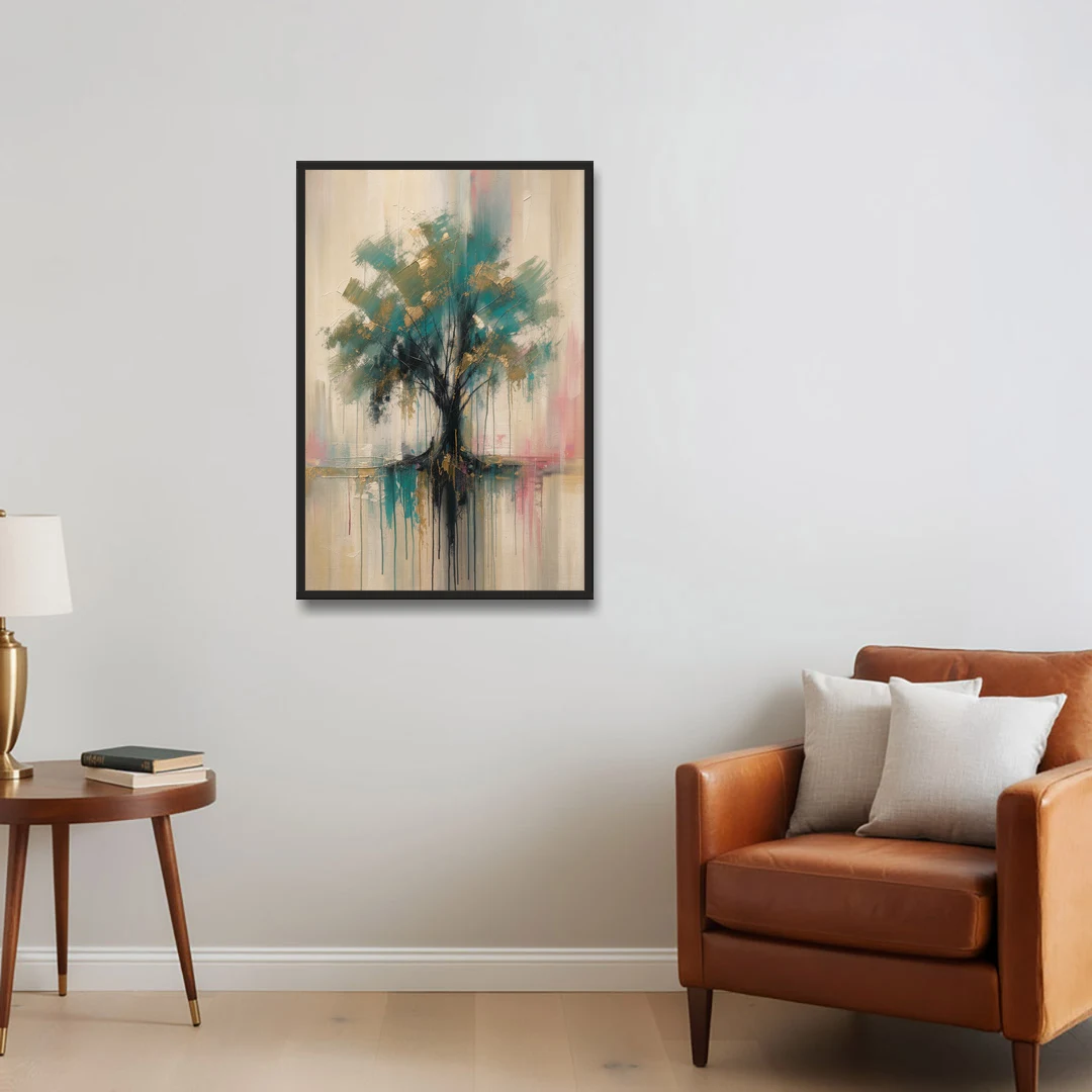 Teal and Gold Tree With Dripping Roots - Black Framed Canvas Wall Art - Sofa - 24x36