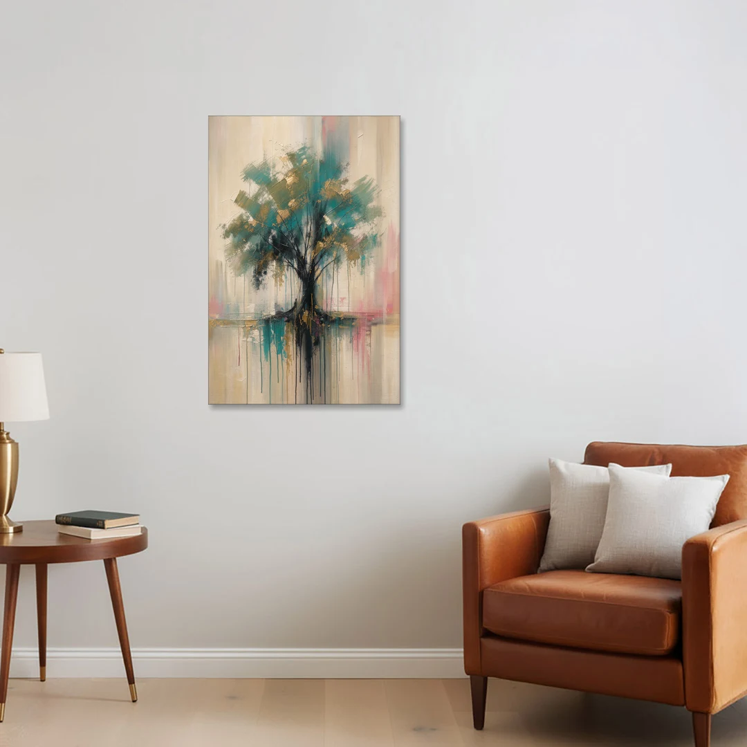 Teal and Gold Tree With Dripping Roots - Canvas Wall Art - Sofa - 24x36