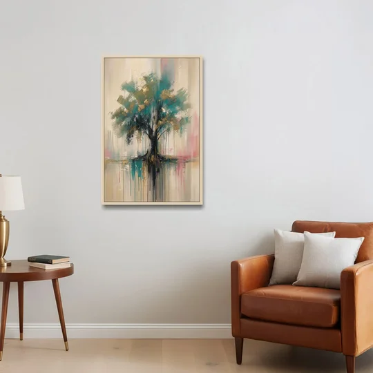 Teal and Gold Tree With Dripping Roots - Oak Framed Canvas Wall Art - Sofa - 24x36