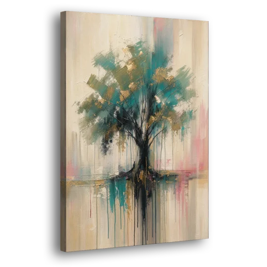 Teal and Gold Tree With Dripping Roots - Canvas Wall Art - Side