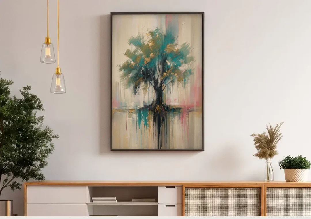 Teal and Gold Tree With Dripping Roots canvas wall art above a wooden sideboard under pendant lights