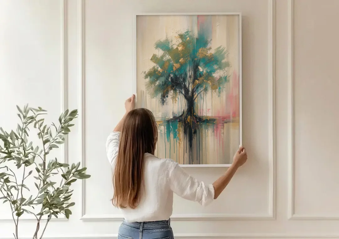 Teal and Gold Tree With Dripping Roots canvas wall art being hung on a paneled wall