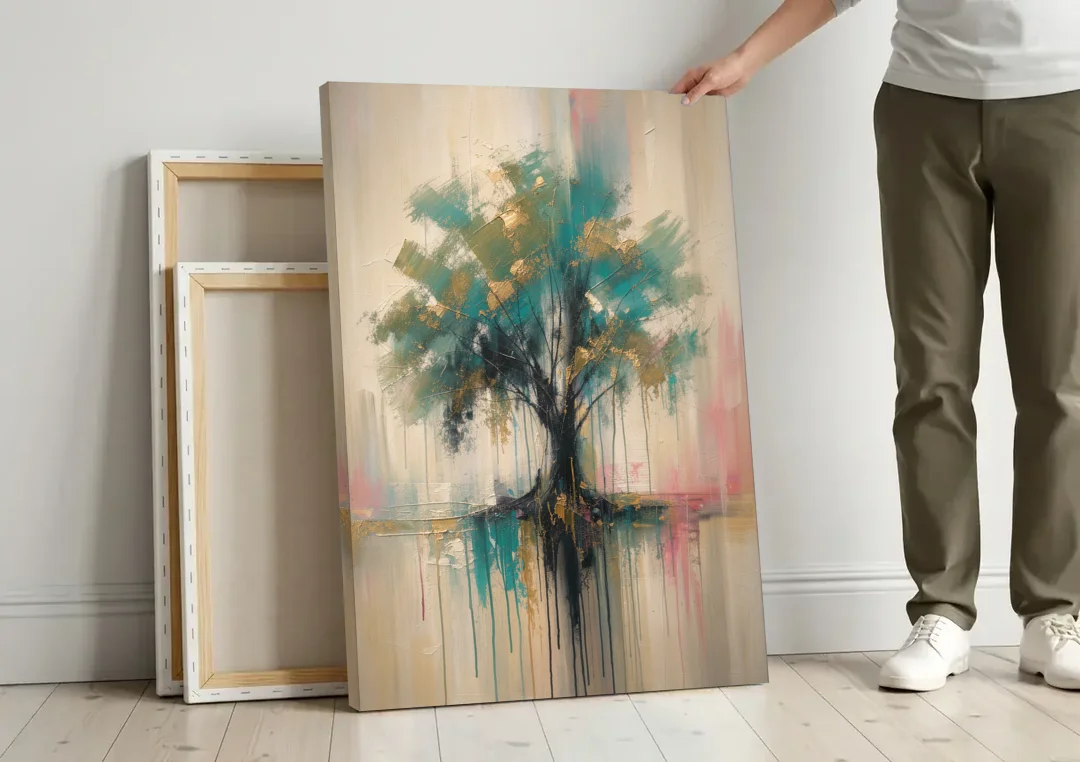Teal and Gold Tree With Dripping Roots canvas wall art leaning against a wall next to blank canvases