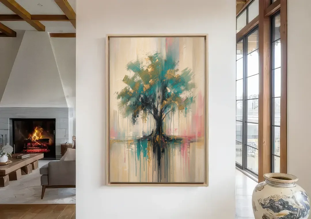 Teal and Gold Tree With Dripping Roots canvas wall art in a living room with a fireplace