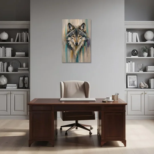 Abstract Teal and Gold Wolf - Canvas Wall Art - Office - 24x36