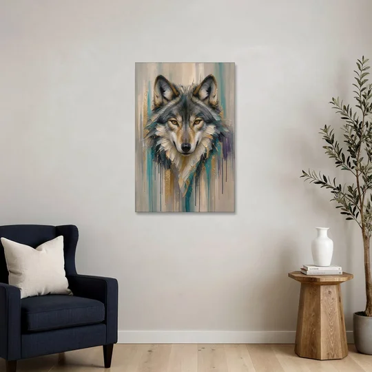 Abstract Teal and Gold Wolf - Canvas Wall Art - Sofa - 24x36