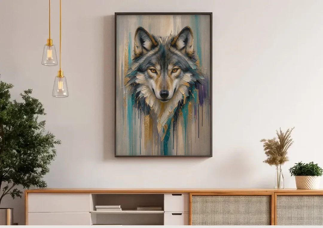 Abstract Teal and Gold Wolf canvas wall art above a wooden sideboard under pendant lights