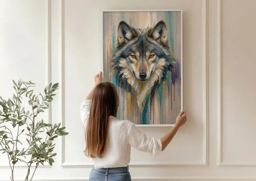 Abstract Teal and Gold Wolf canvas wall art being hung on a paneled wall