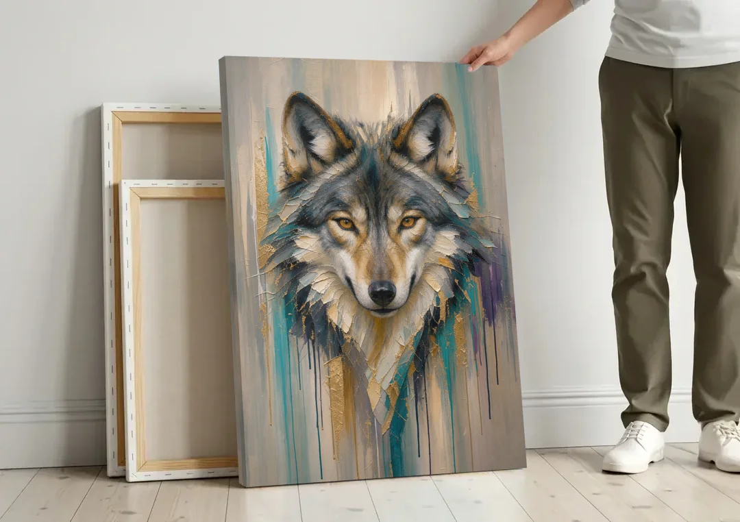 Abstract Teal and Gold Wolf canvas wall art leaning against a wall next to blank canvases