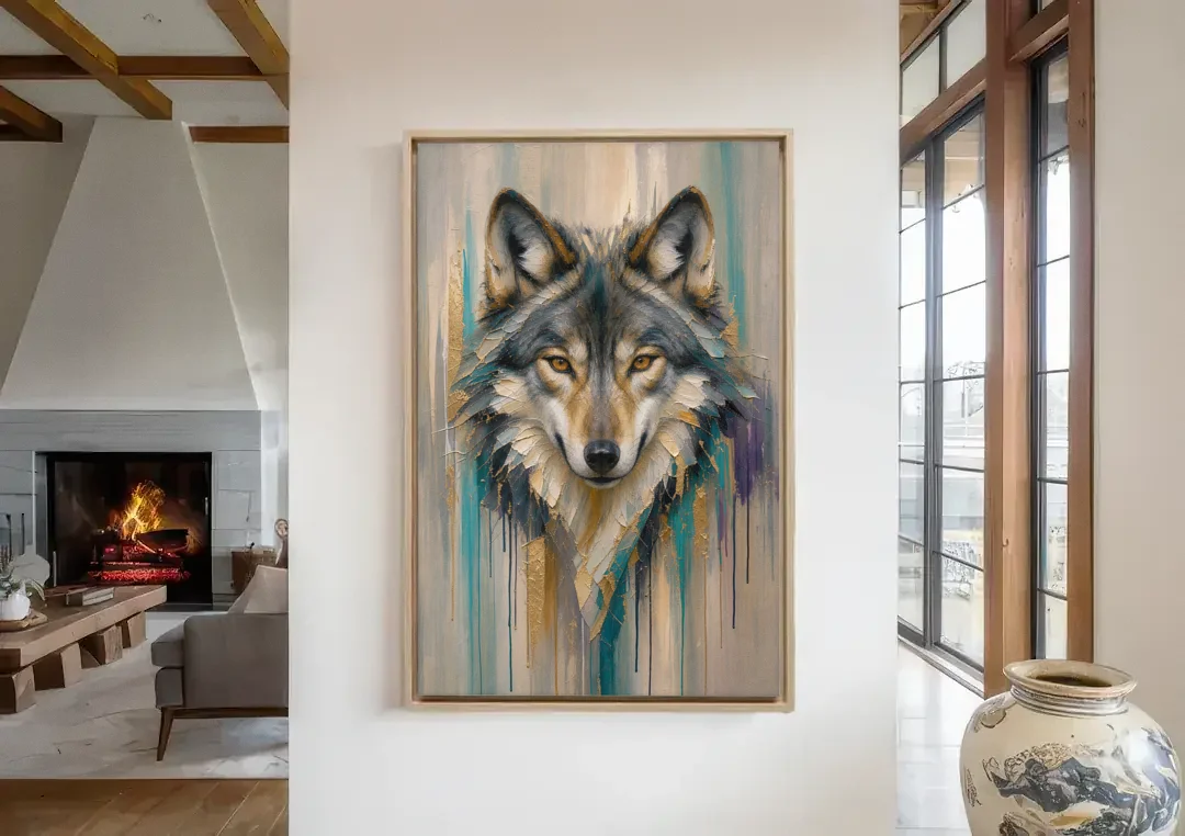 Abstract Teal and Gold Wolf canvas wall art in a living room with a fireplace