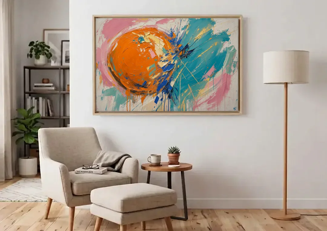 Teal and Orange Wall Art of a Tangerine Collision canvas wall art above an armchair in a bright living room