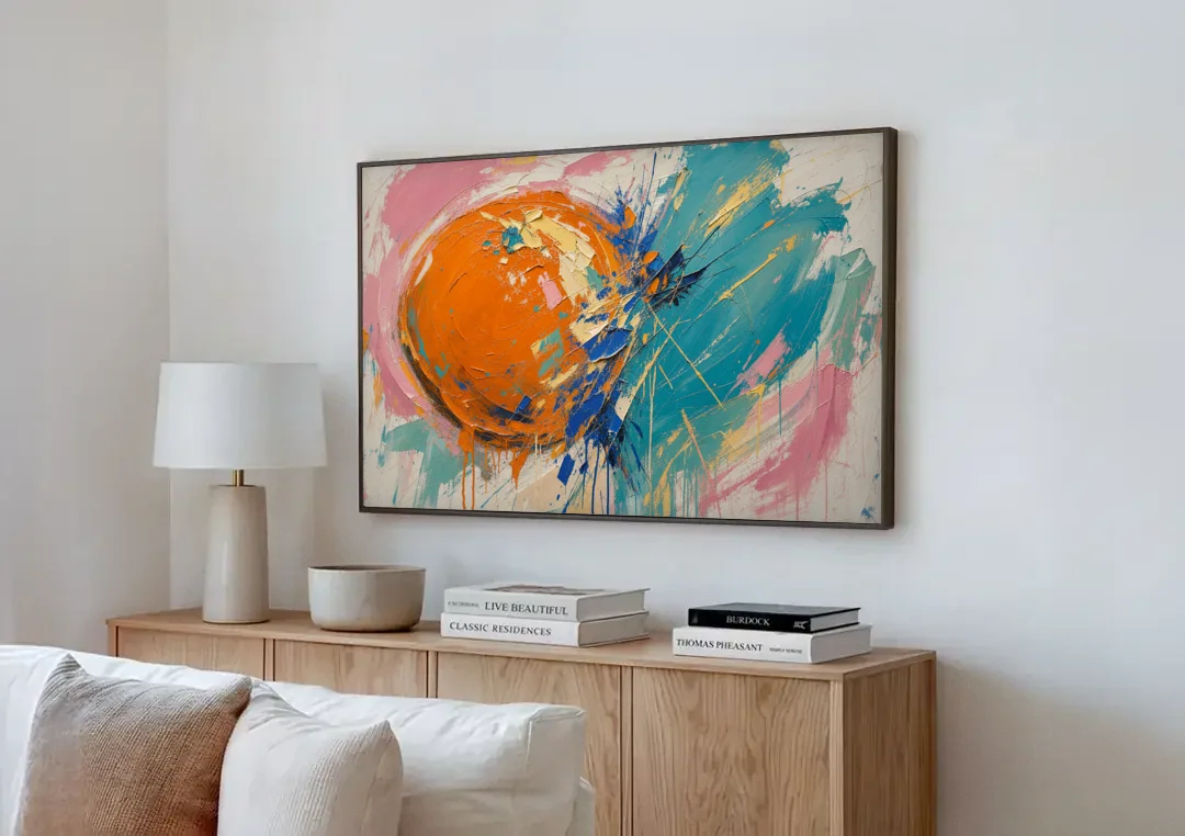 Teal and Orange Wall Art of a Tangerine Collision canvas wall art above a wooden sideboard next to a sofa