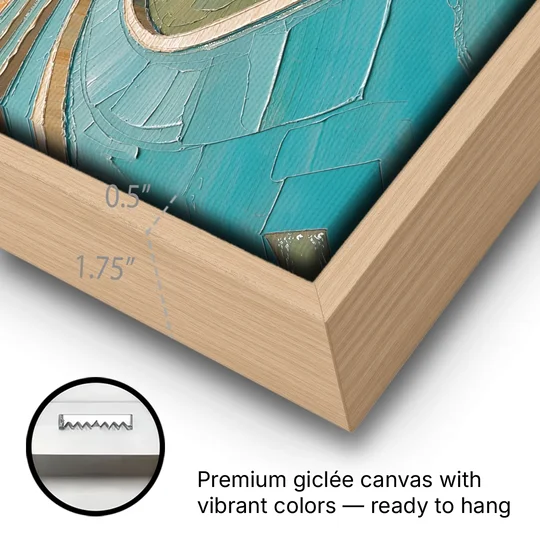 Teal and Sage Terraced Fields Abstract Landscape - Oak Framed Canvas Wall Art - Gallery Wrap Corner