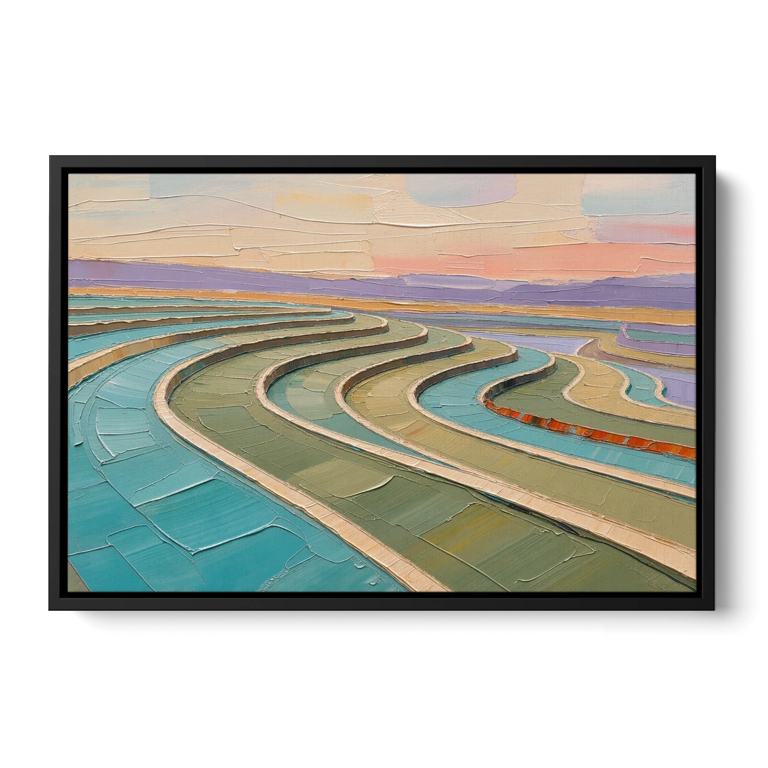 Teal and Sage Terraced Fields Abstract Landscape - Black Framed Canvas Wall Art - Front