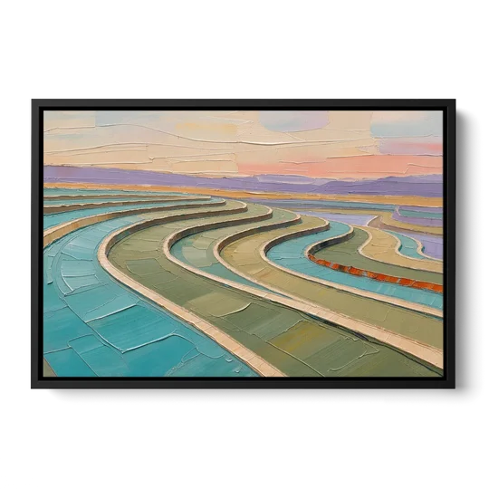 Teal and Sage Terraced Fields Abstract Landscape - Black Framed Canvas Wall Art - Front