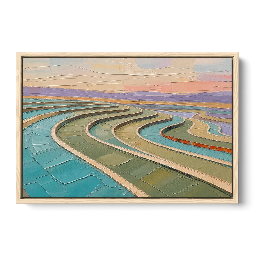 Teal and Sage Terraced Fields Abstract Landscape - Oak Framed Canvas Wall Art - Front
