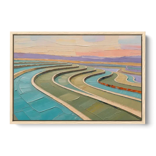 Teal and Sage Terraced Fields Abstract Landscape - Oak Framed Canvas Wall Art - Front