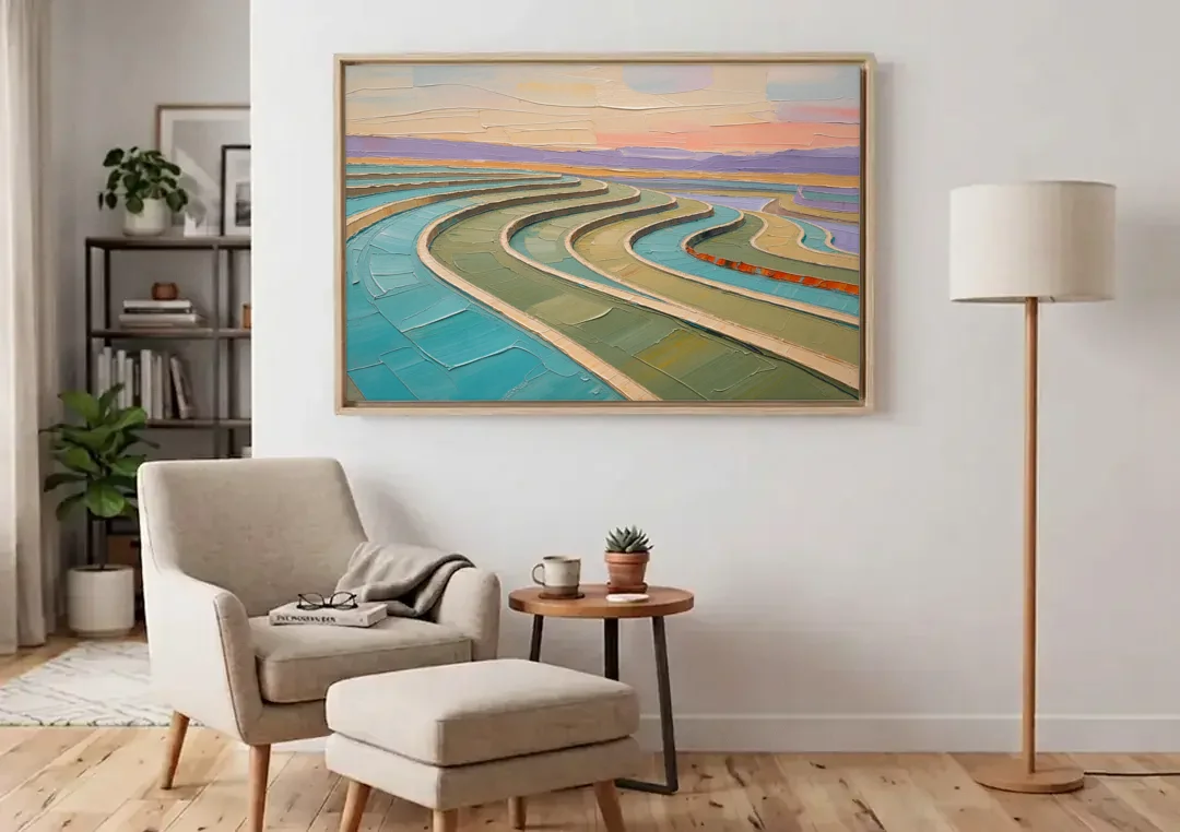 Teal and Sage Terraced Fields Abstract Landscape canvas wall art above an armchair in a bright living room