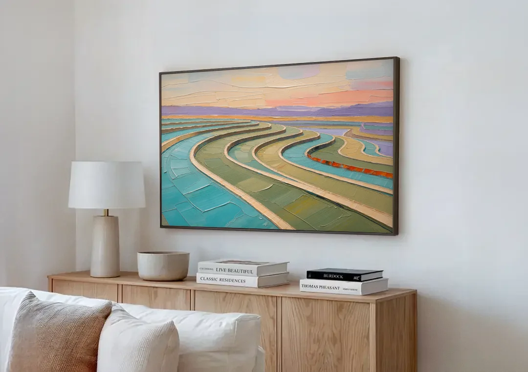 Teal and Sage Terraced Fields Abstract Landscape canvas wall art above a wooden sideboard next to a sofa