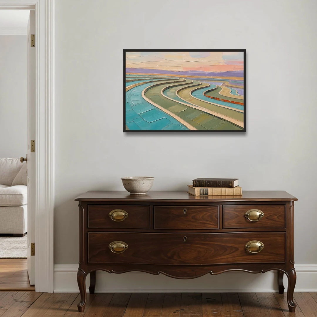 Teal and Sage Terraced Fields Abstract Landscape - Black Framed Canvas Wall Art - Coffee Table - 36x24