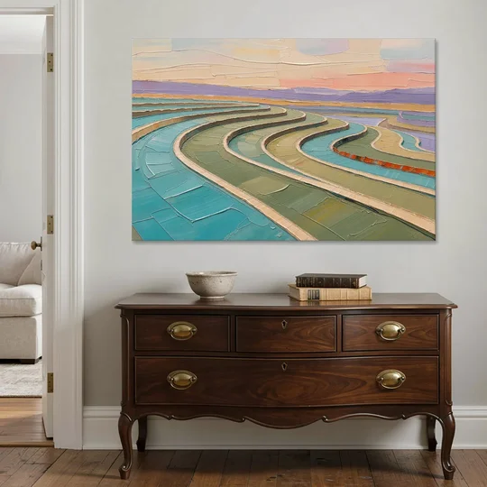 Teal and Sage Terraced Fields Abstract Landscape - Canvas Wall Art - Coffee Table - 60x40