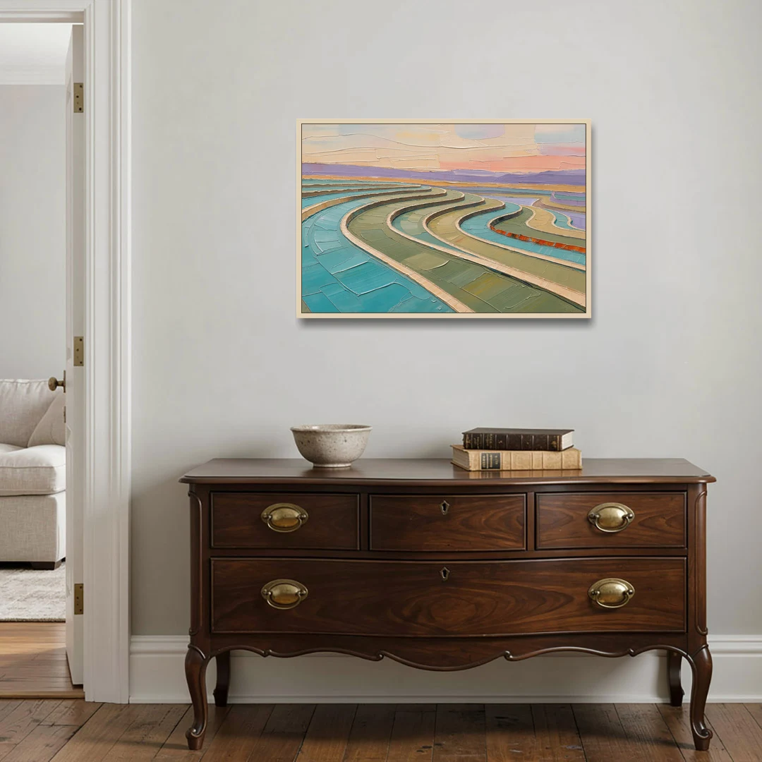 Teal and Sage Terraced Fields Abstract Landscape - Oak Framed Canvas Wall Art - Coffee Table - 36x24