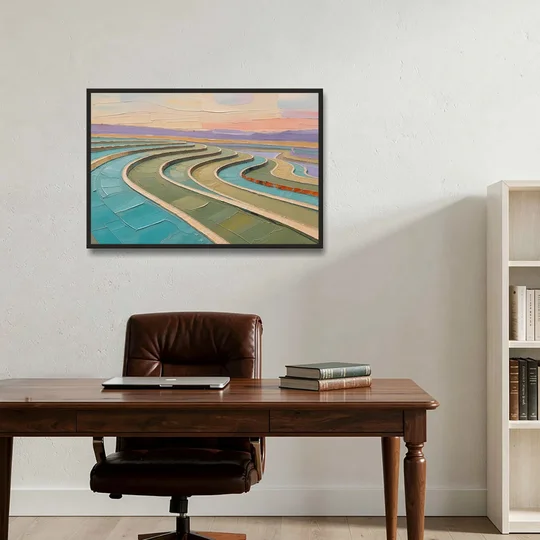 Teal and Sage Terraced Fields Abstract Landscape - Black Framed Canvas Wall Art - Office - 36x24