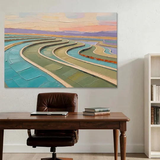 Teal and Sage Terraced Fields Abstract Landscape - Canvas Wall Art - Office - 60x40