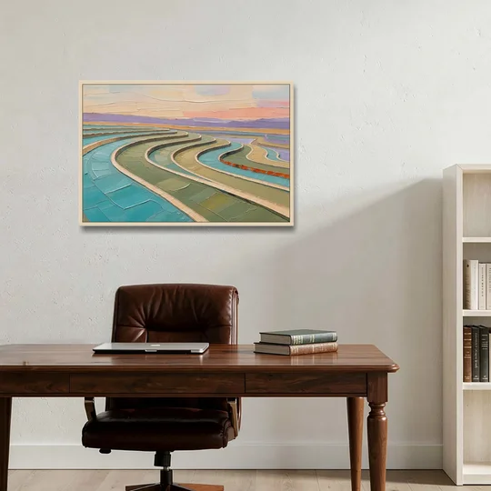 Teal and Sage Terraced Fields Abstract Landscape - Oak Framed Canvas Wall Art - Office - 36x24