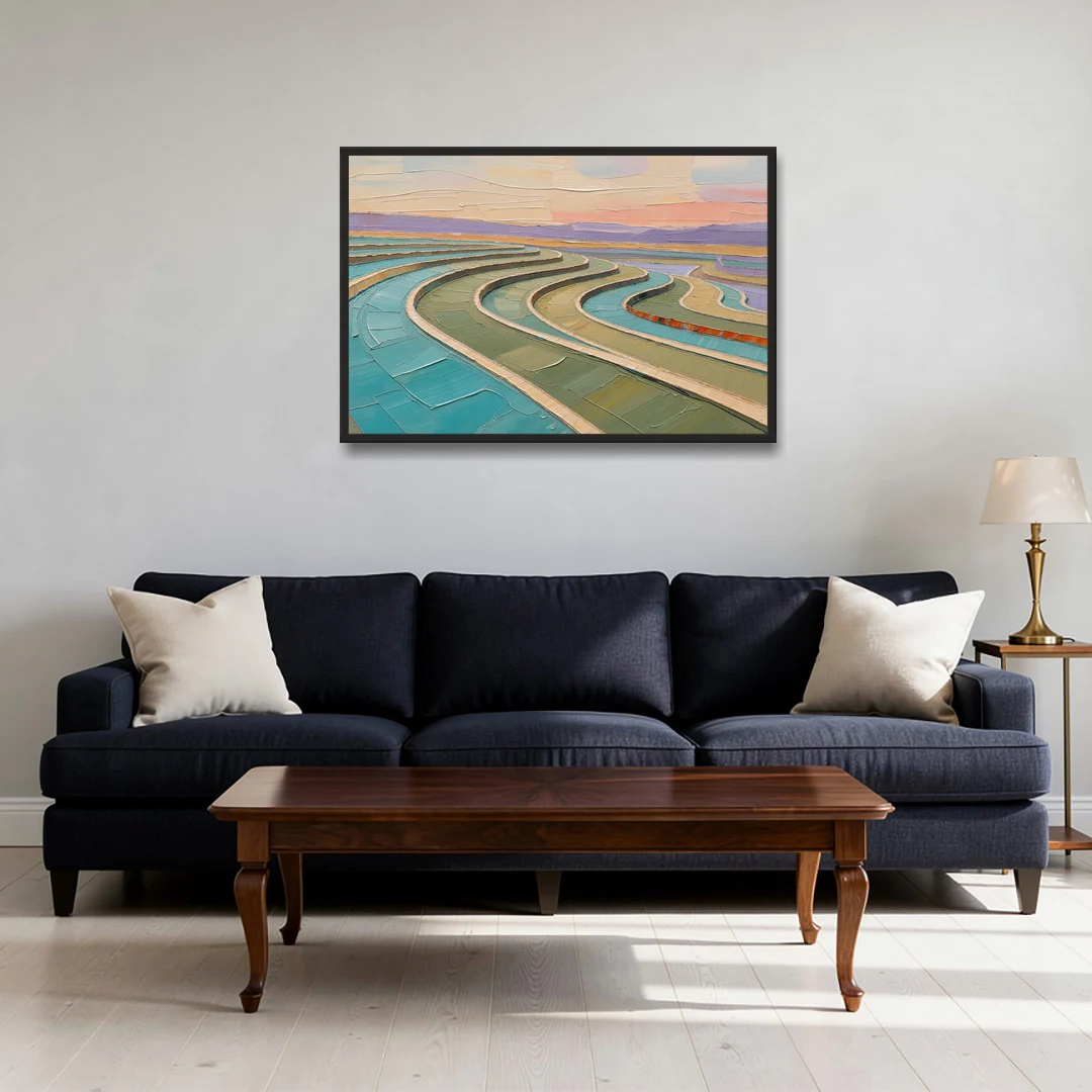 Teal and Sage Terraced Fields Abstract Landscape - Black Framed Canvas Wall Art - Sofa - 36x24