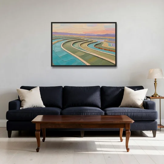 Teal and Sage Terraced Fields Abstract Landscape - Black Framed Canvas Wall Art - Sofa - 36x24