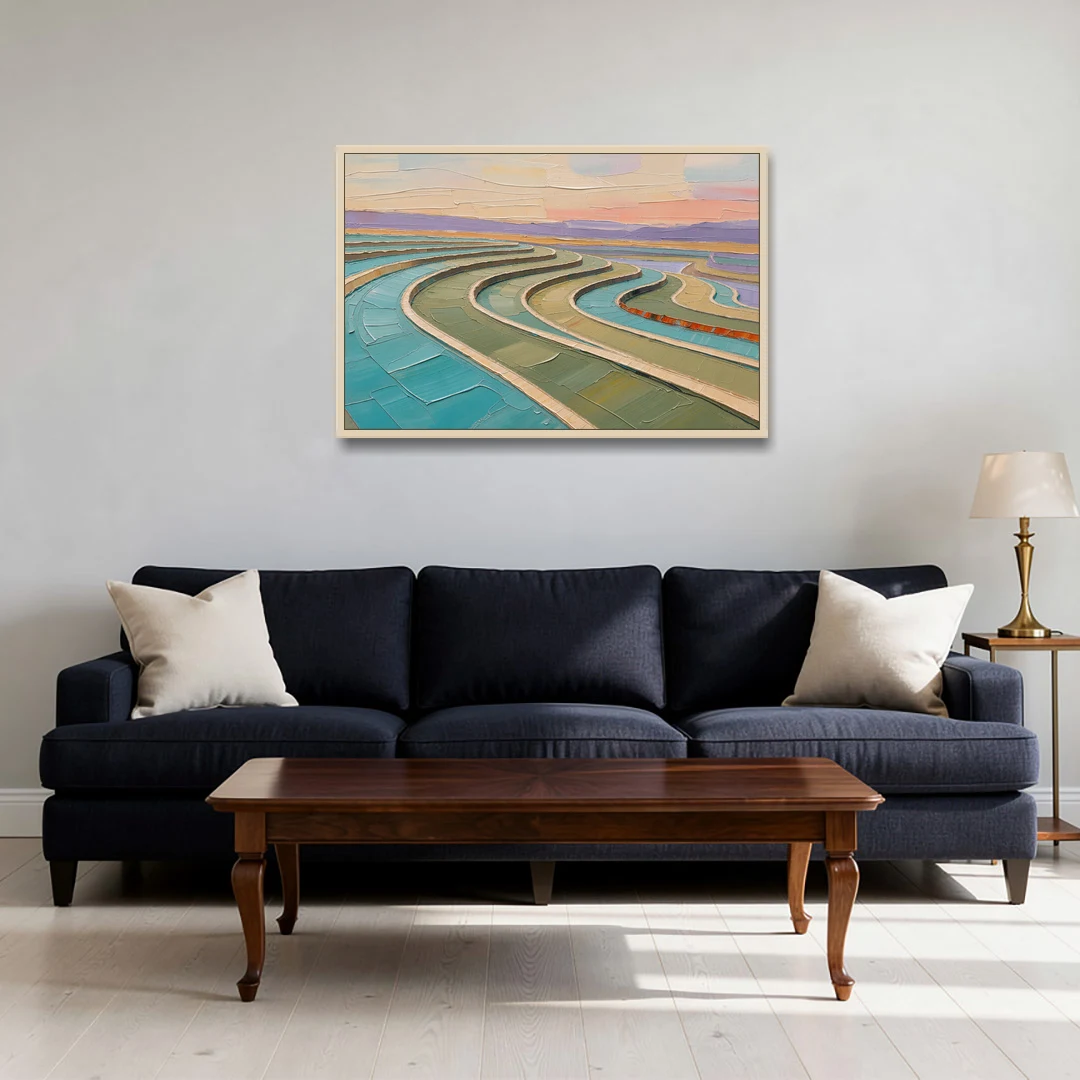 Teal and Sage Terraced Fields Abstract Landscape - Oak Framed Canvas Wall Art - Sofa - 36x24