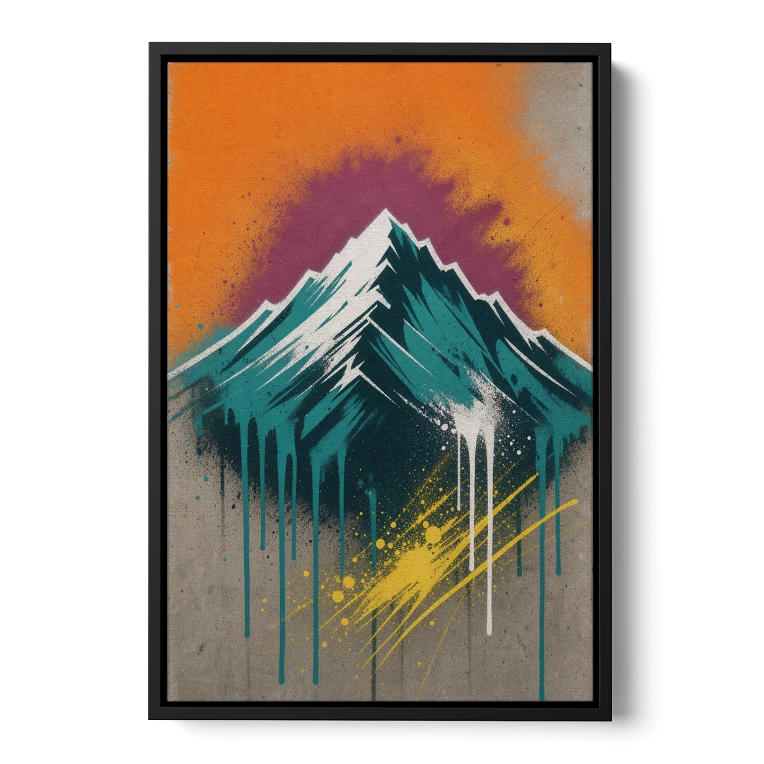 Modern Teal Drip Mountain Under Orange Sky - Black Framed Canvas Wall Art - Front