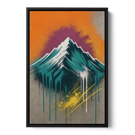 Modern Teal Drip Mountain Under Orange Sky - Black Framed Canvas Wall Art - Front